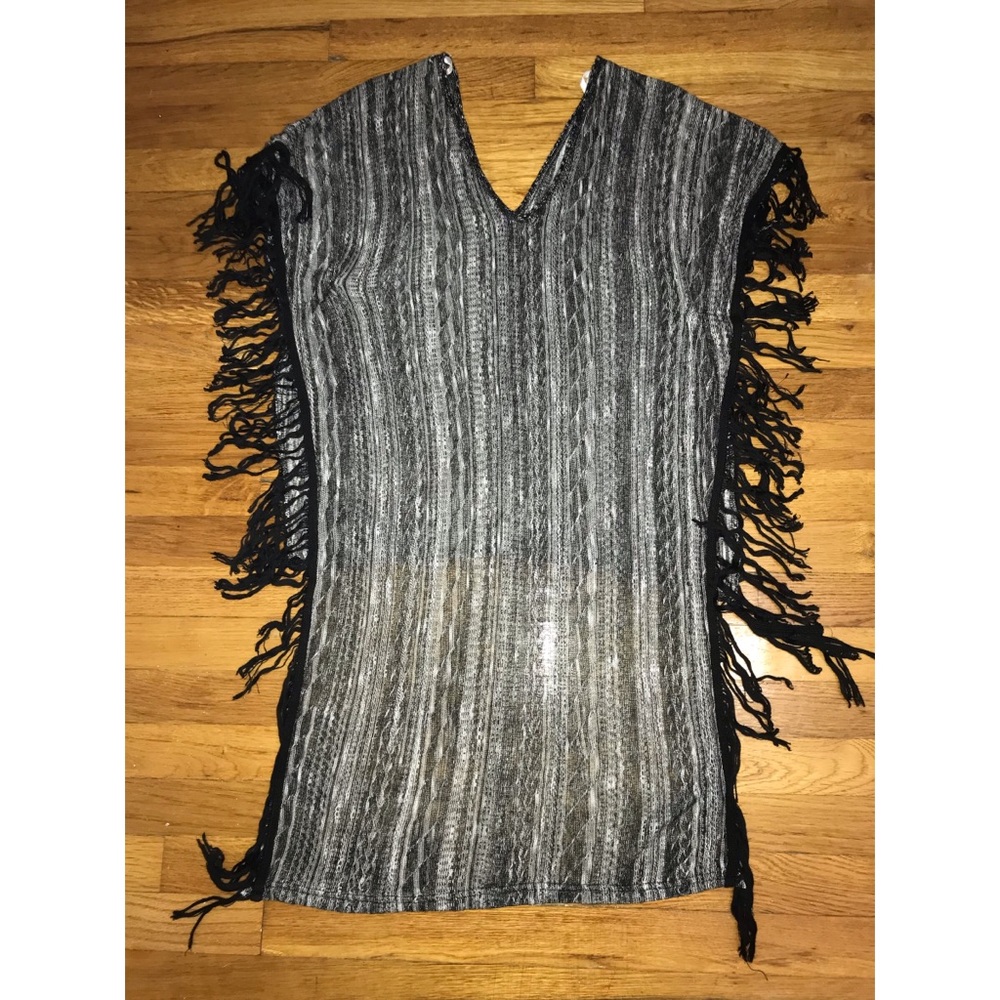 High-Low Knit Poncho with Fringe